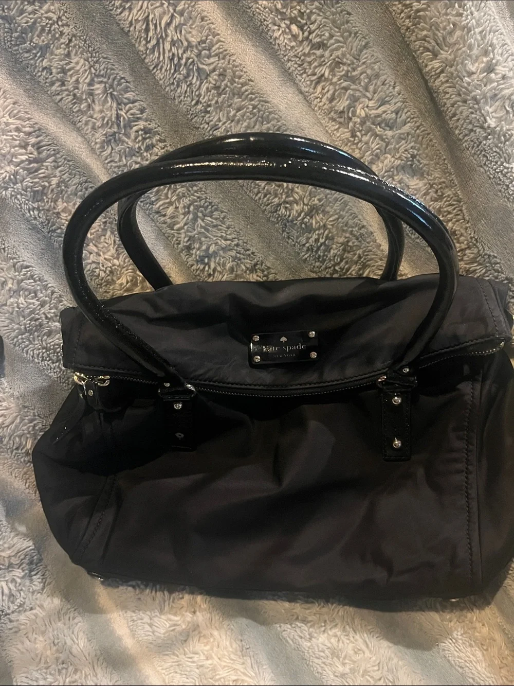 kate spade New York Black Nylon Shoulder Bag with Patent Handles
